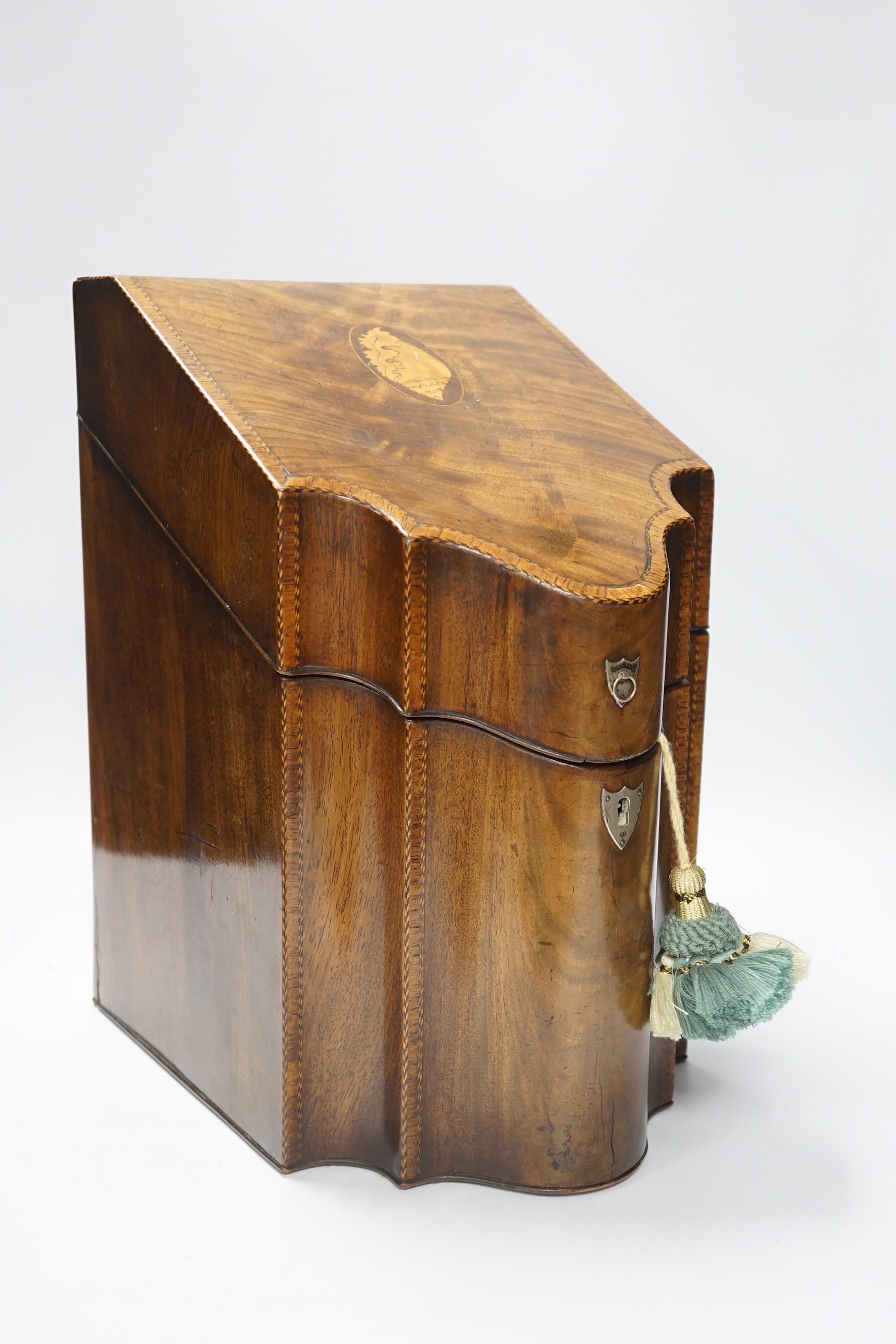 A George III inlaid mahogany knife box, 37.5cm